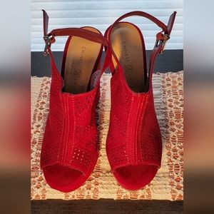 Fabulous size 6.5 Chinese Laundry red faux suede wedge sandals.